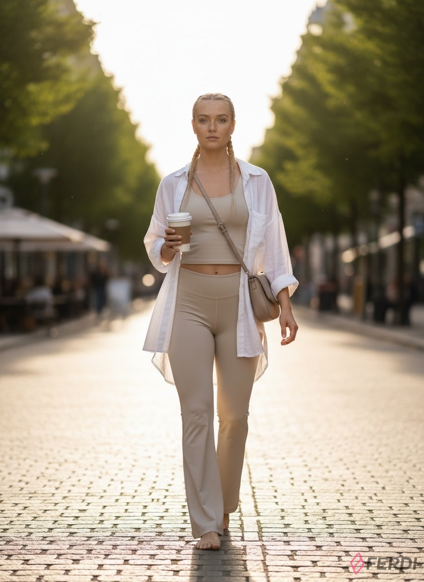 Conjunto Esencial "SerenityFlow" Beige – Top y Pantalón Acampanado de Alto Rendimiento
