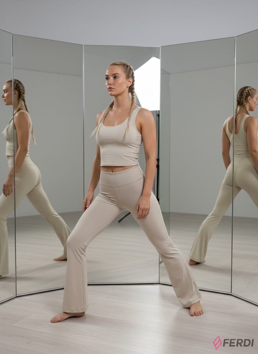 Conjunto Esencial "SerenityFlow" Beige – Top y Pantalón Acampanado de Alto Rendimiento