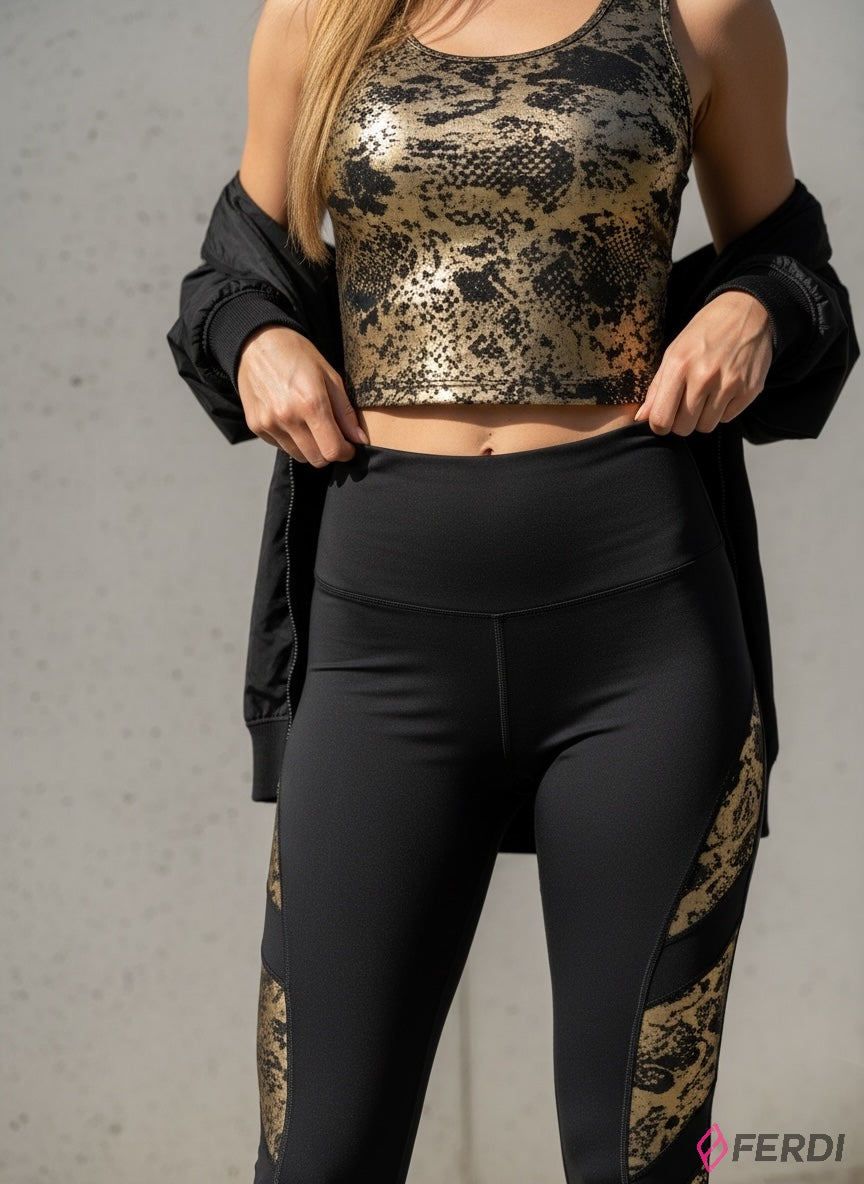 SET "Élite Dorada": Leggings y Top Performance con Toques de Serpiente para Mujer