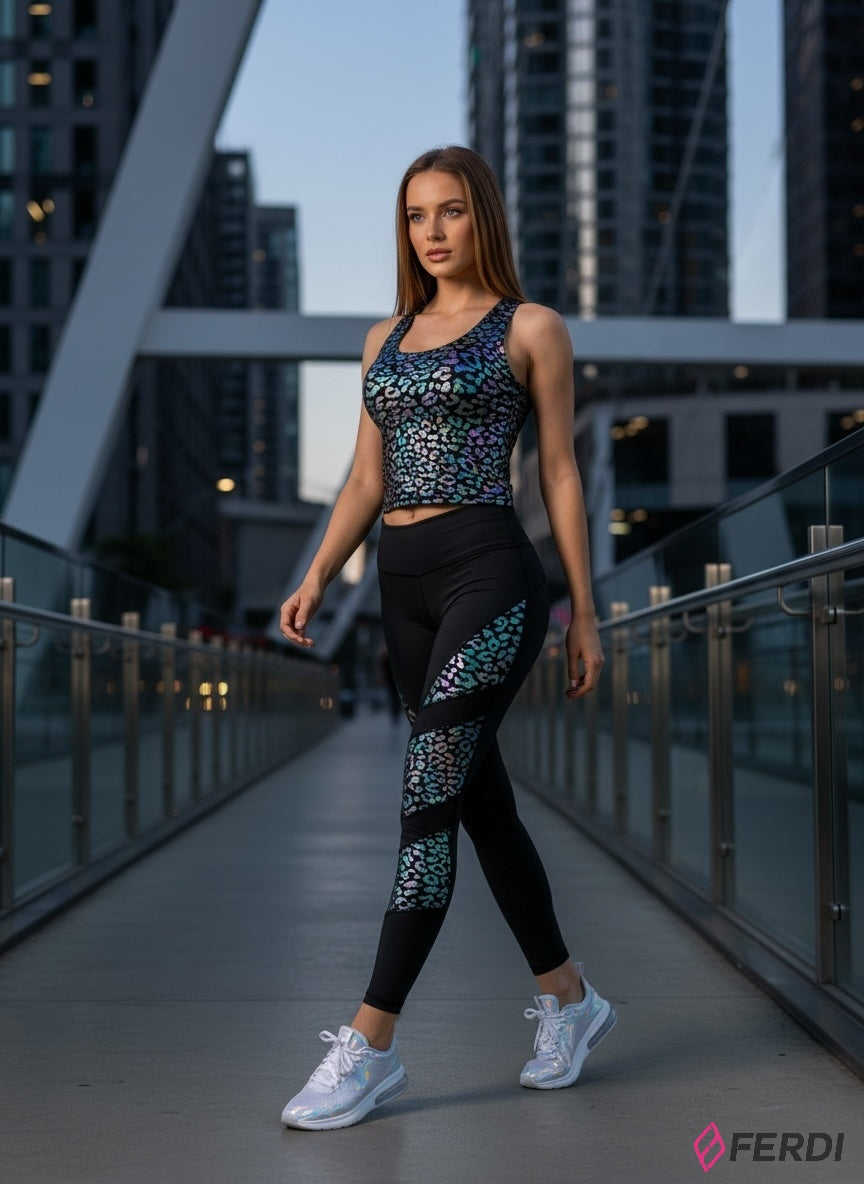 SET Deportivo "Leopard Glow" | Leggings y Top Reflectantes con Diseño Holo-Leopardo